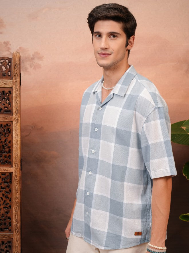 Locomotive Men Blue Checked Oversized Fit Casual Shirt - Blue - Image 4