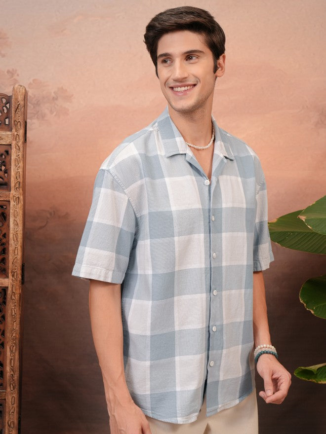 Locomotive Men Blue Checked Oversized Fit Casual Shirt - Blue - Image 6