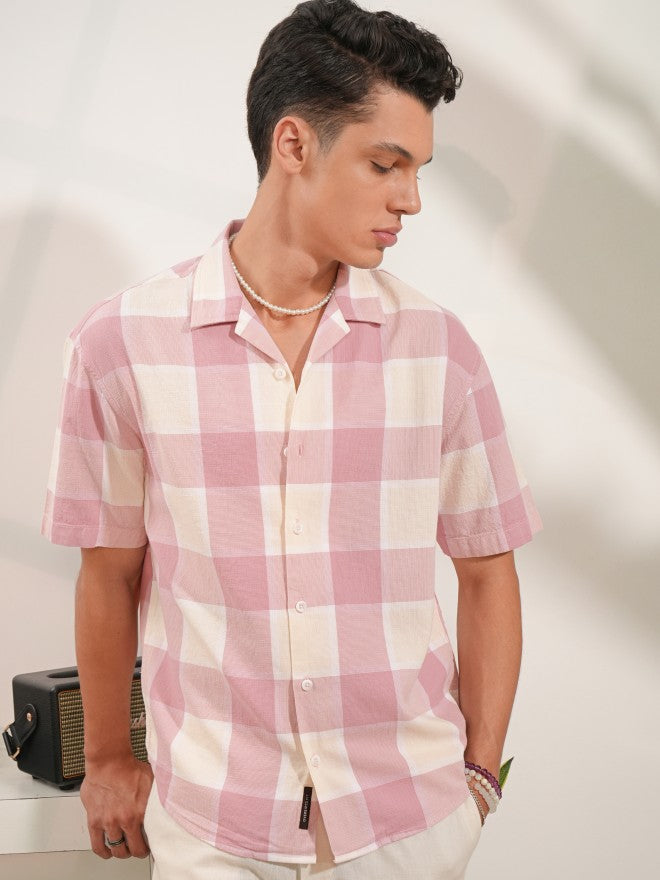 Locomotive Men Pink Checked Oversized Fit Casual Shirt - Pink - Image 1