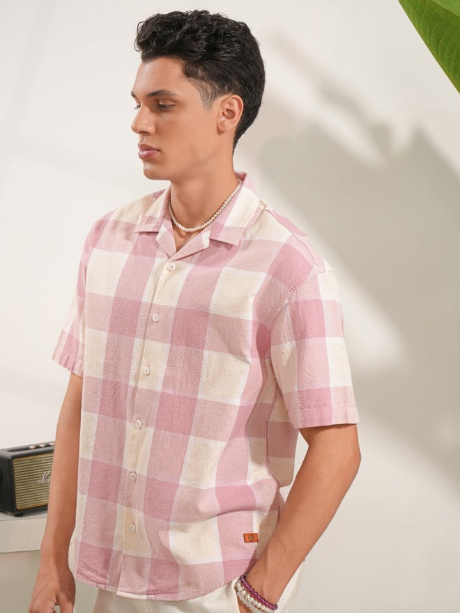 Locomotive Men Pink Checked Oversized Fit Casual Shirt - Pink - Image 4