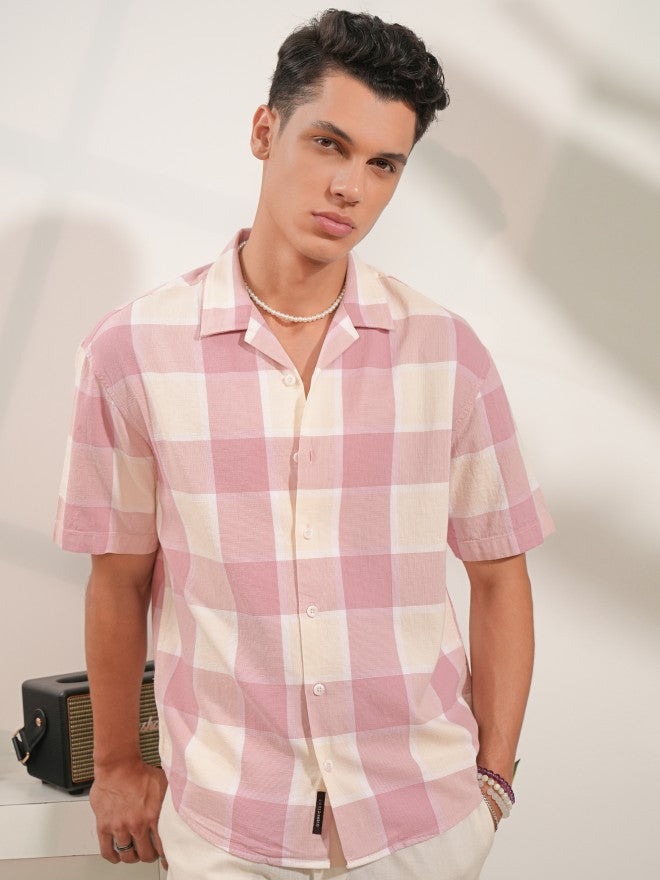 Locomotive Men Pink Checked Oversized Fit Casual Shirt - Pink - Image 7