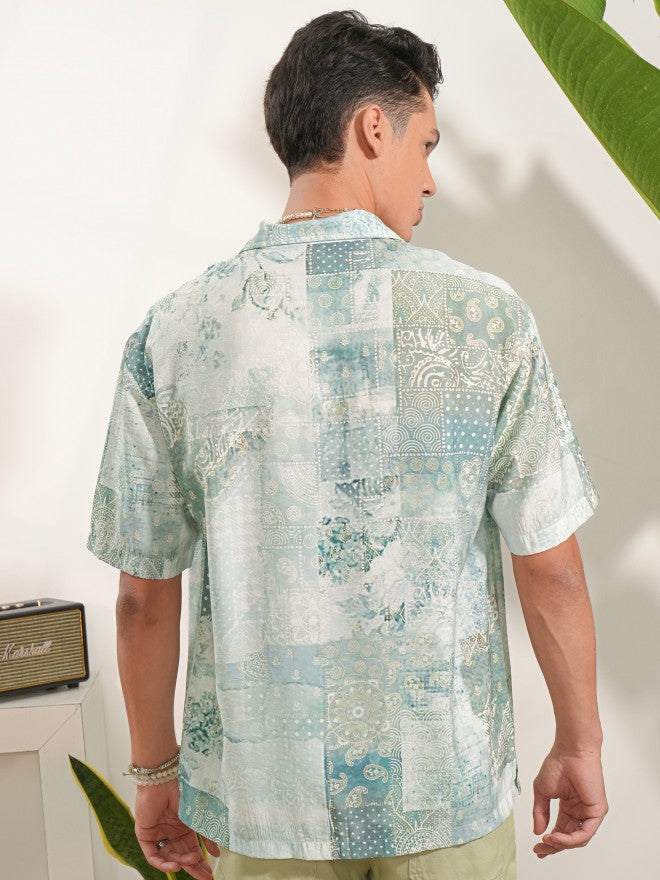Locomotive Men Green Printed Oversized Fit Casual Shirt - Green - Image 3