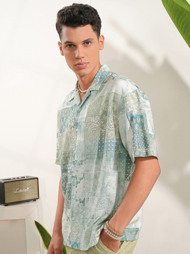 Locomotive Men Green Printed Oversized Fit Casual Shirt - Green - Image 4