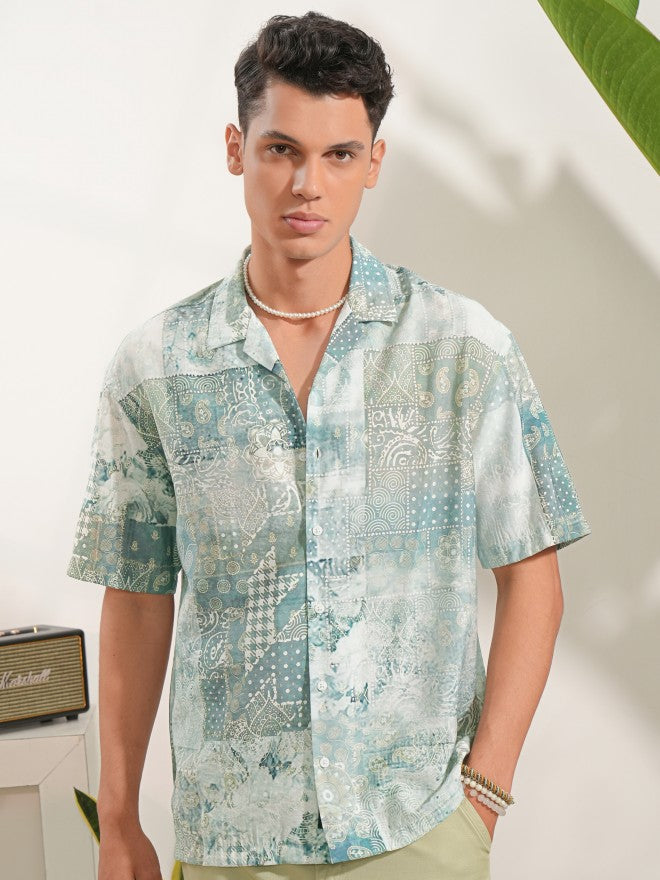 Locomotive Men Green Printed Oversized Fit Casual Shirt - Green - Image 6