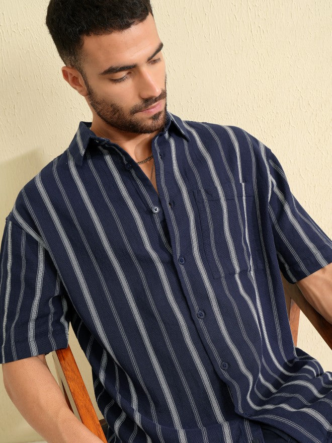 Highlander Men Navy Blue Striped Oversized Fit Casual Shirt - Navy Blue - Image 1