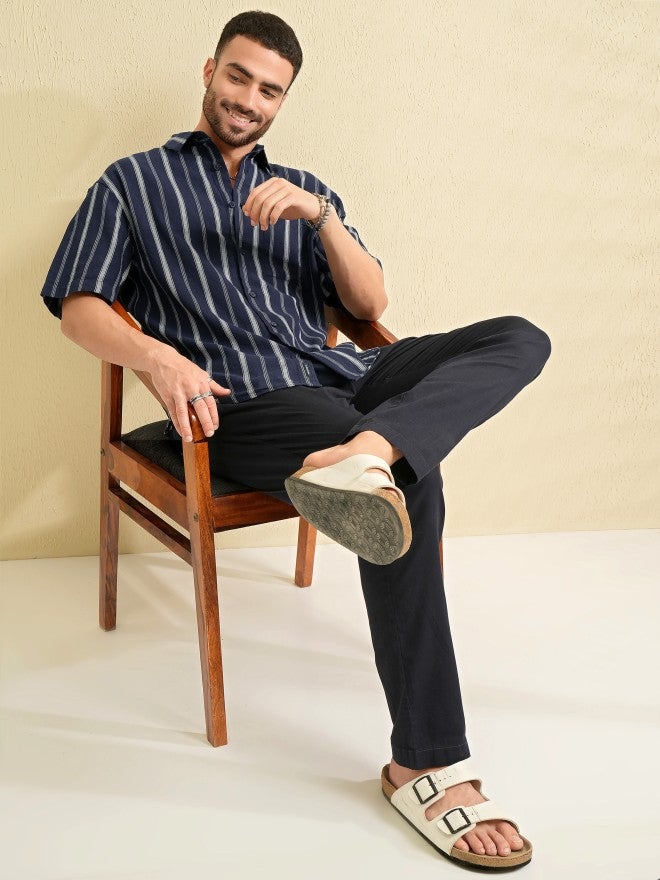 Highlander Men Navy Blue Striped Oversized Fit Casual Shirt - Navy Blue - Image 2