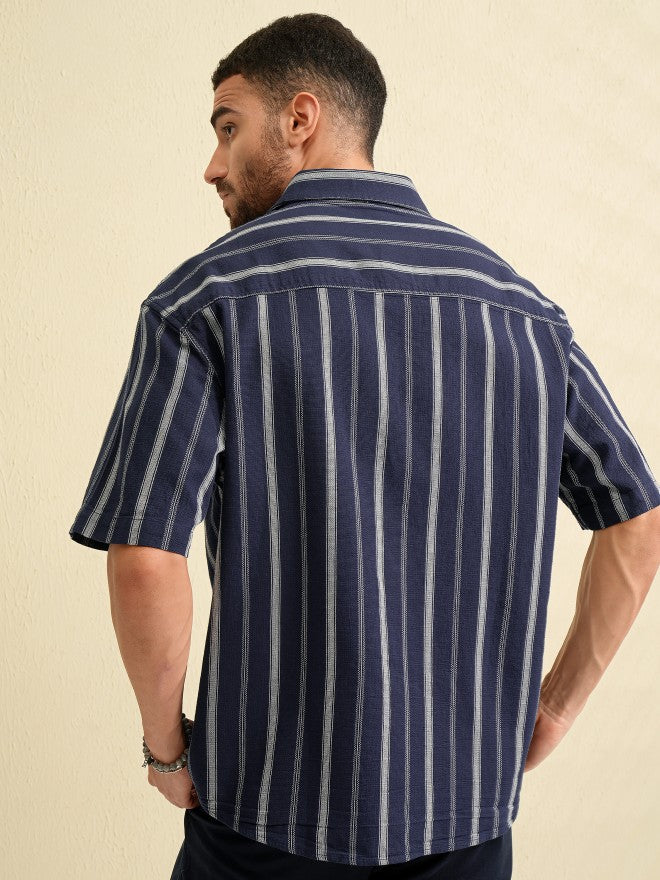 Highlander Men Navy Blue Striped Oversized Fit Casual Shirt - Navy Blue - Image 3