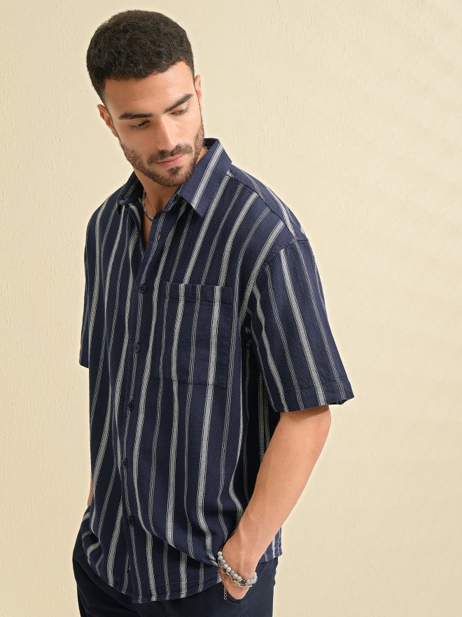Highlander Men Navy Blue Striped Oversized Fit Casual Shirt - Navy Blue - Image 4