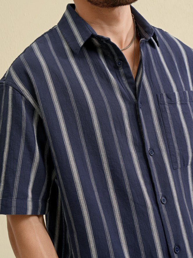 Highlander Men Navy Blue Striped Oversized Fit Casual Shirt - Navy Blue - Image 5