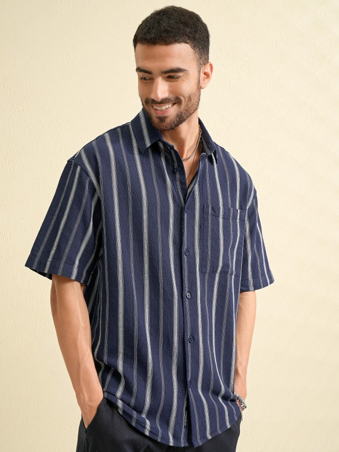 Highlander Men Navy Blue Striped Oversized Fit Casual Shirt - Navy Blue - Image 6