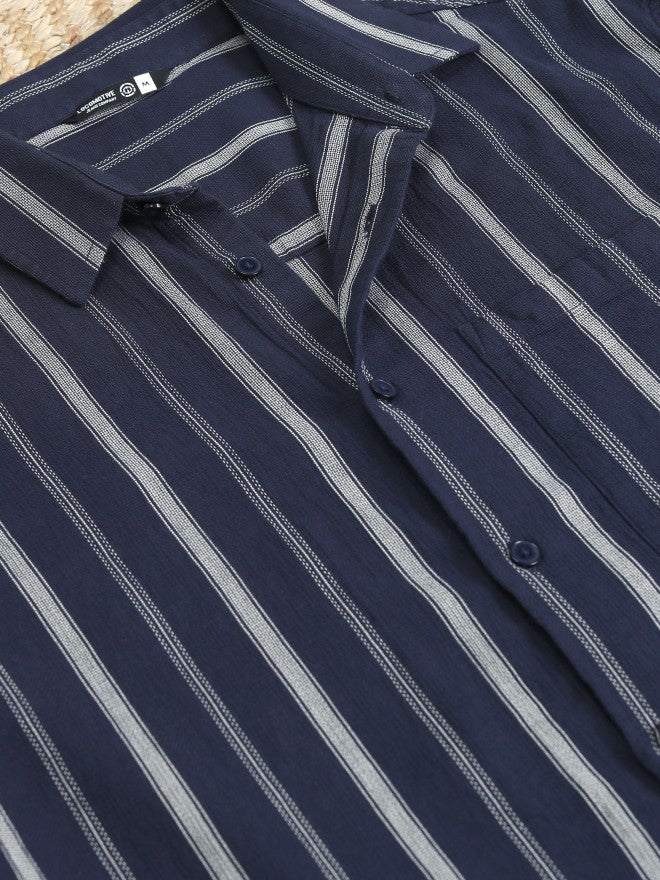 Highlander Men Navy Blue Striped Oversized Fit Casual Shirt - Navy Blue - Image 7