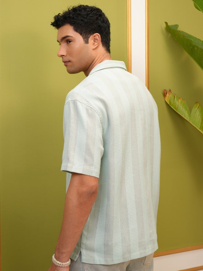 Locomotive Premium Men Green Striped Oversized Fit Casual Shirt - Green - Image 3