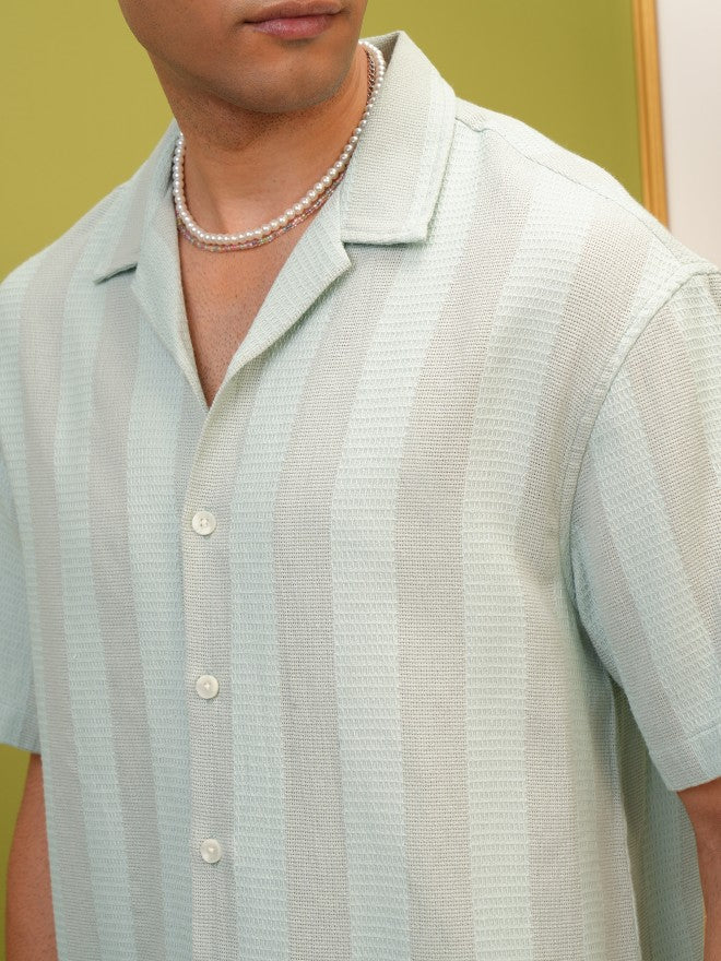 Locomotive Premium Men Green Striped Oversized Fit Casual Shirt - Green - Image 5