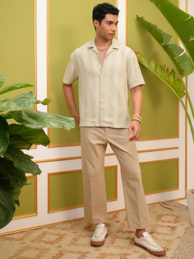Locomotive Premium Men Beige Striped Oversized Fit Casual Shirt - Beige - Image 2