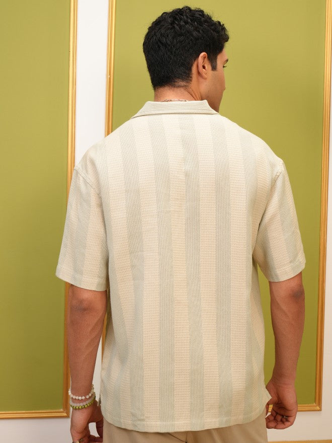 Locomotive Premium Men Beige Striped Oversized Fit Casual Shirt - Beige - Image 3
