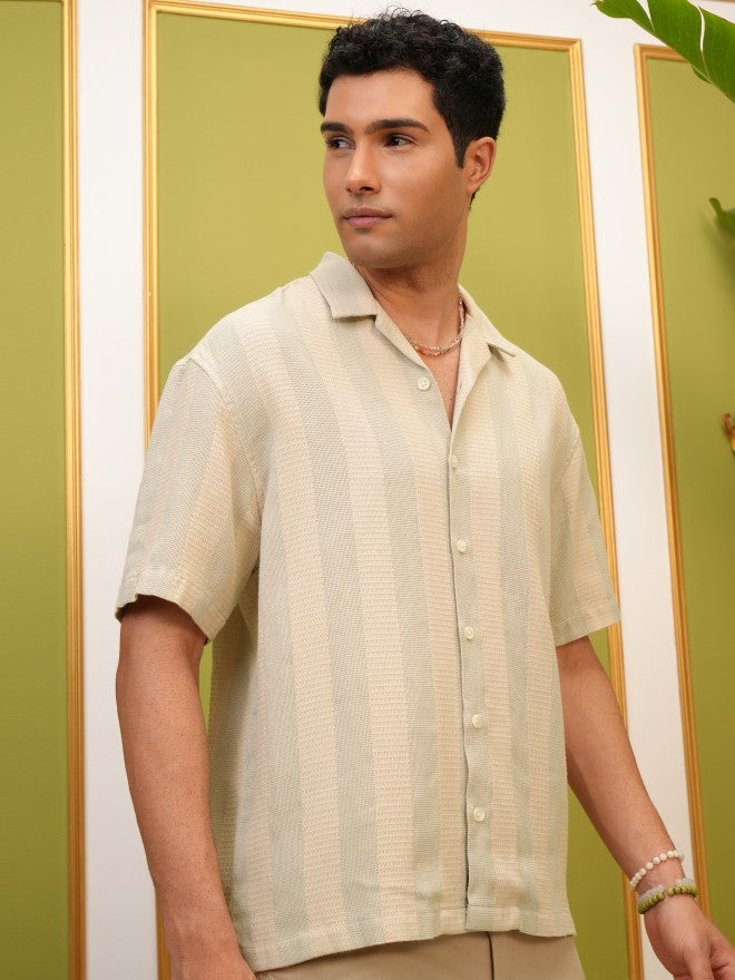 Locomotive Premium Men Beige Striped Oversized Fit Casual Shirt - Beige - Image 6