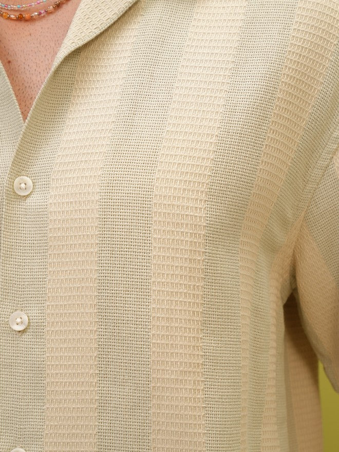 Locomotive Premium Men Beige Striped Oversized Fit Casual Shirt - Beige - Image 7