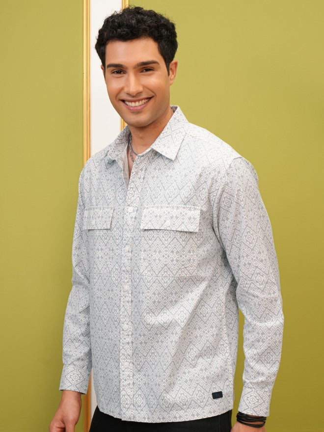 Locomotive Premium Men Grey Printed Oversized Fit Overshirt - Grey - Image 4