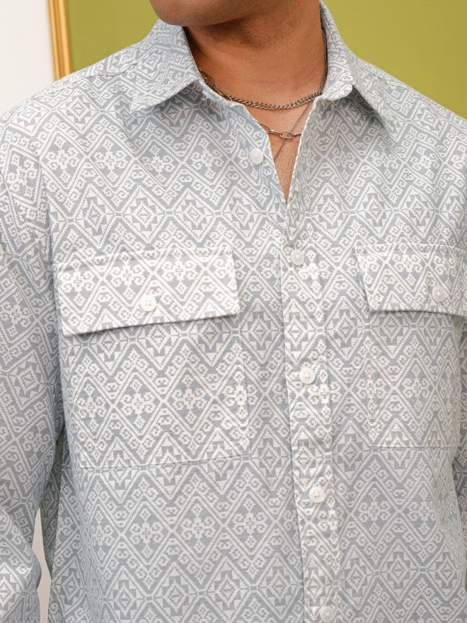 Locomotive Premium Men Grey Printed Oversized Fit Overshirt - Grey - Image 5