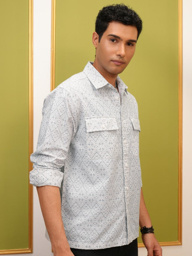Locomotive Premium Men Grey Printed Oversized Fit Overshirt - Grey - Image 6