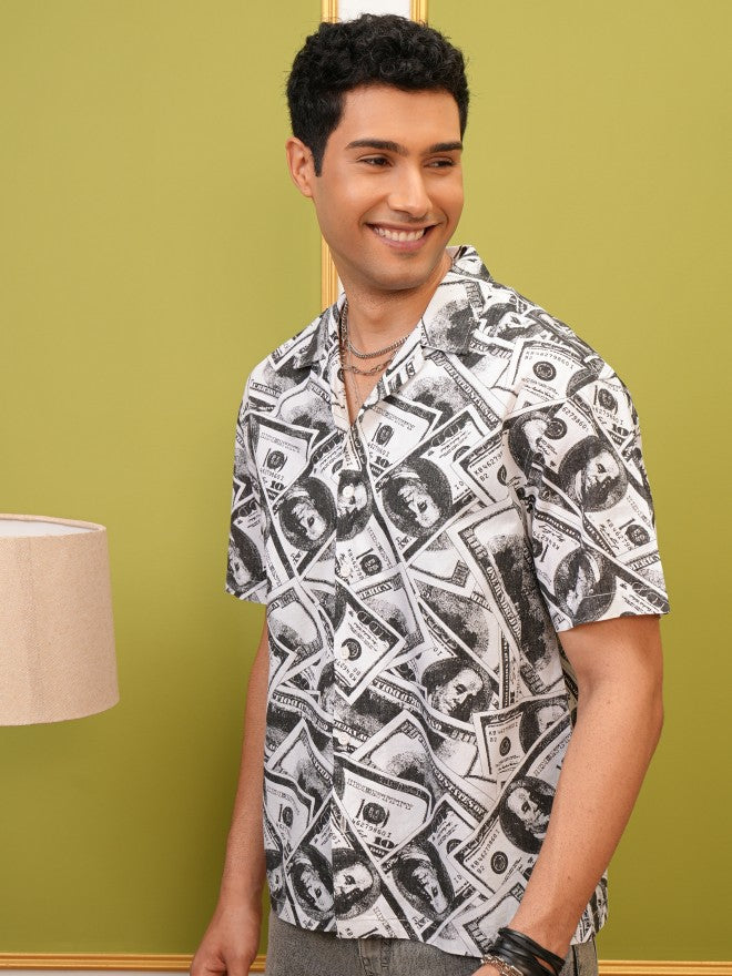 Locomotive Premium Men White Printed Oversized Fit Casual Shirt - White - Image 4