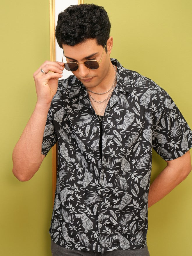 Locomotive Premium Men Black Printed Oversized Fit Casual Shirt - Black - Image 1