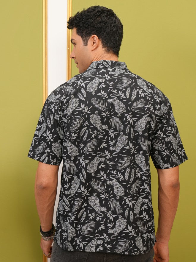 Locomotive Premium Men Black Printed Oversized Fit Casual Shirt - Black - Image 3