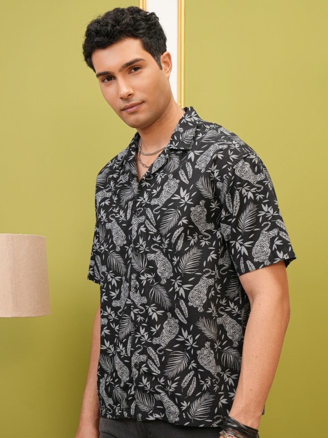Locomotive Premium Men Black Printed Oversized Fit Casual Shirt - Black - Image 4