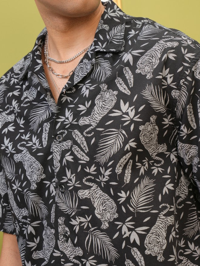 Locomotive Premium Men Black Printed Oversized Fit Casual Shirt - Black - Image 5