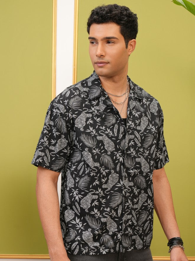 Locomotive Premium Men Black Printed Oversized Fit Casual Shirt - Black - Image 6