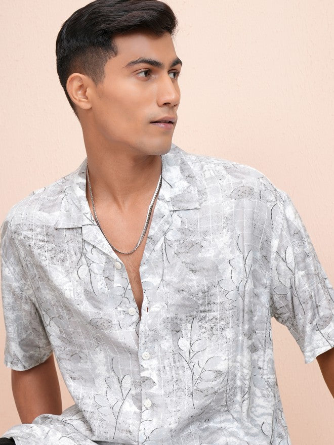 Locomotive Men Grey Printed Oversized Fit Casual Shirt - Grey - Image 1