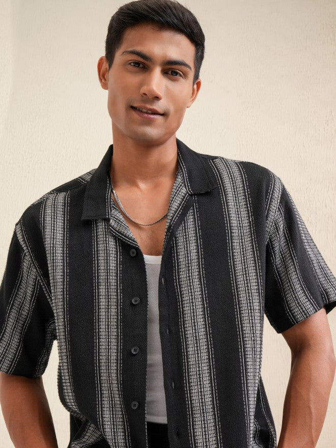 Locomotive Men Black Striped Oversized Fit Casual Shirt - Black - Image 1