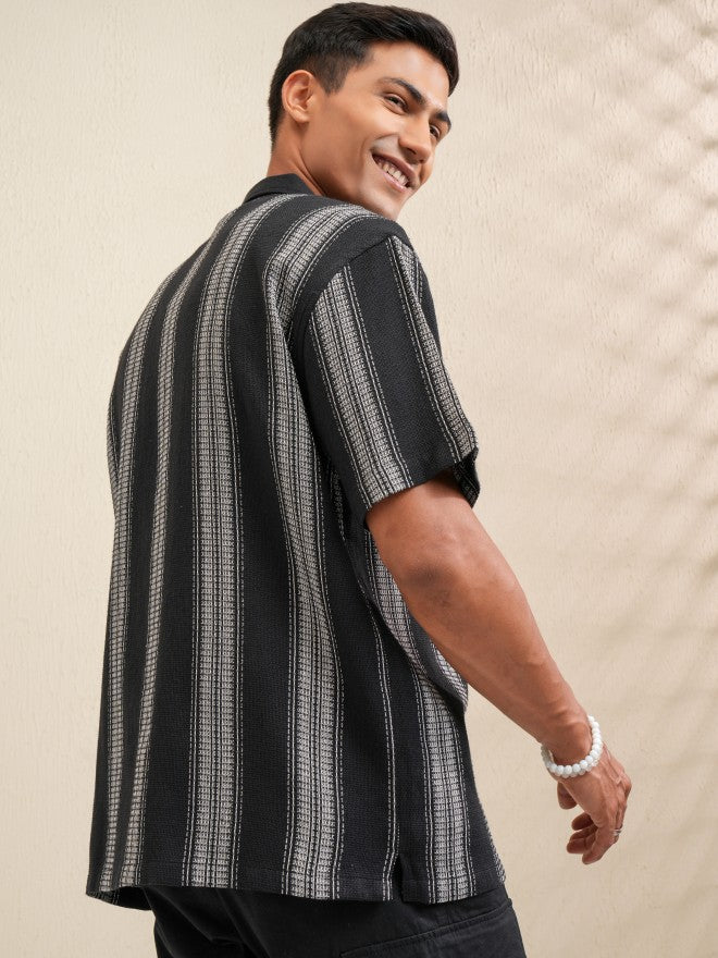 Locomotive Men Black Striped Oversized Fit Casual Shirt - Black - Image 3