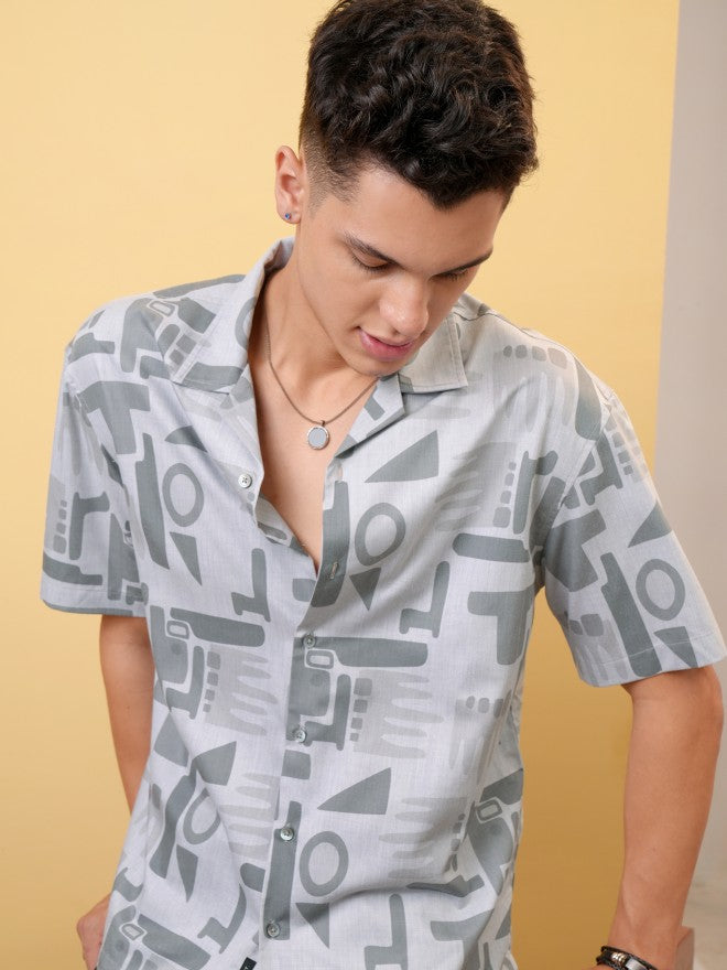 Locomotive Premium Men Melange Textured Printed Cuban Collar Oversized Shirt - Grey - Image 1