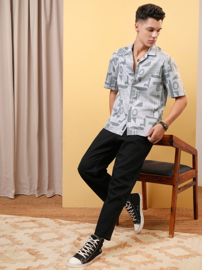 Locomotive Premium Men Melange Textured Printed Cuban Collar Oversized Shirt - Grey - Image 2