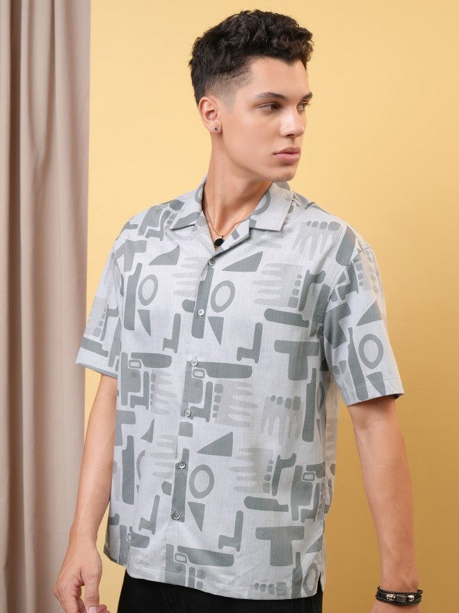 Locomotive Premium Men Melange Textured Printed Cuban Collar Oversized Shirt - Grey - Image 4
