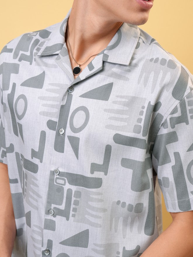 Locomotive Premium Men Melange Textured Printed Cuban Collar Oversized Shirt - Grey - Image 5