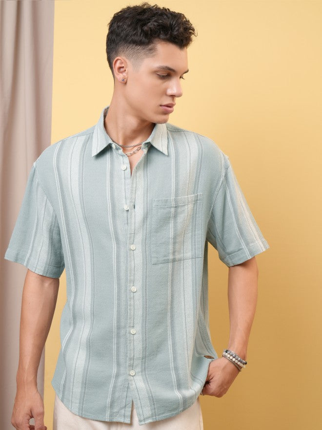 Locomotive Premium Men Dobby Textured Striped Oversized Shirt - Beige - Image 1