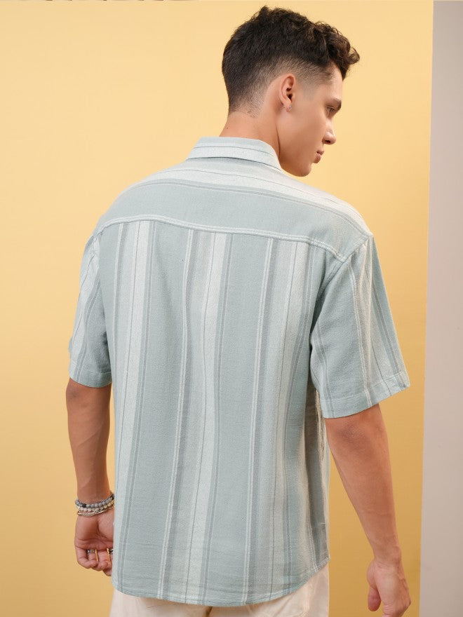 Locomotive Premium Men Dobby Textured Striped Oversized Shirt - Beige - Image 3