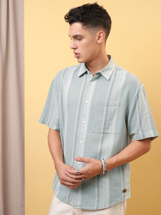 Locomotive Premium Men Dobby Textured Striped Oversized Shirt - Beige - Image 4