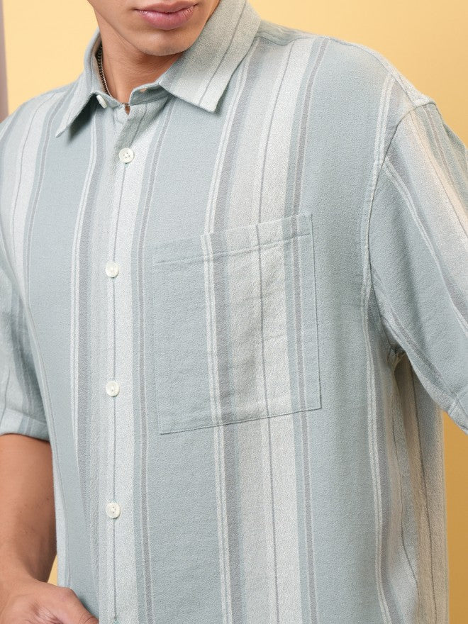 Locomotive Premium Men Dobby Textured Striped Oversized Shirt - Beige - Image 5