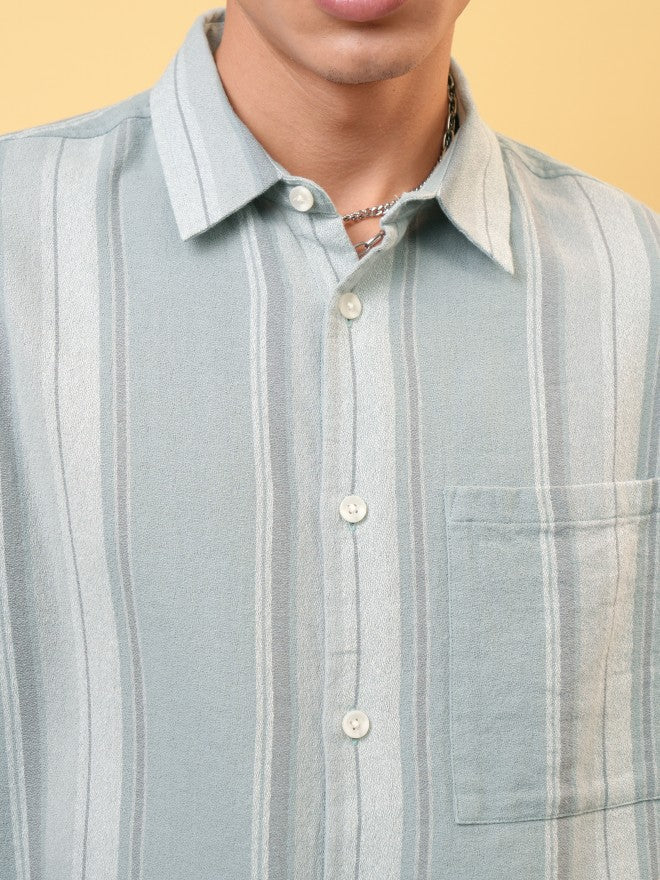 Locomotive Premium Men Dobby Textured Striped Oversized Shirt - Beige - Image 7