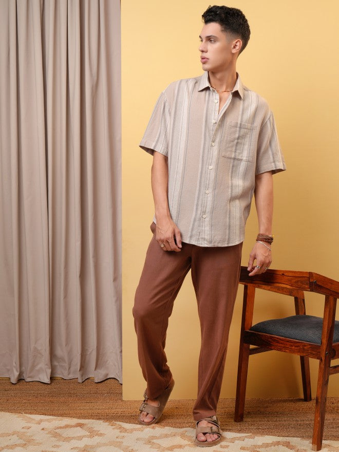 Locomotive Premium Men Dobby Textured Striped Oversized Shirt - Rust - Image 2