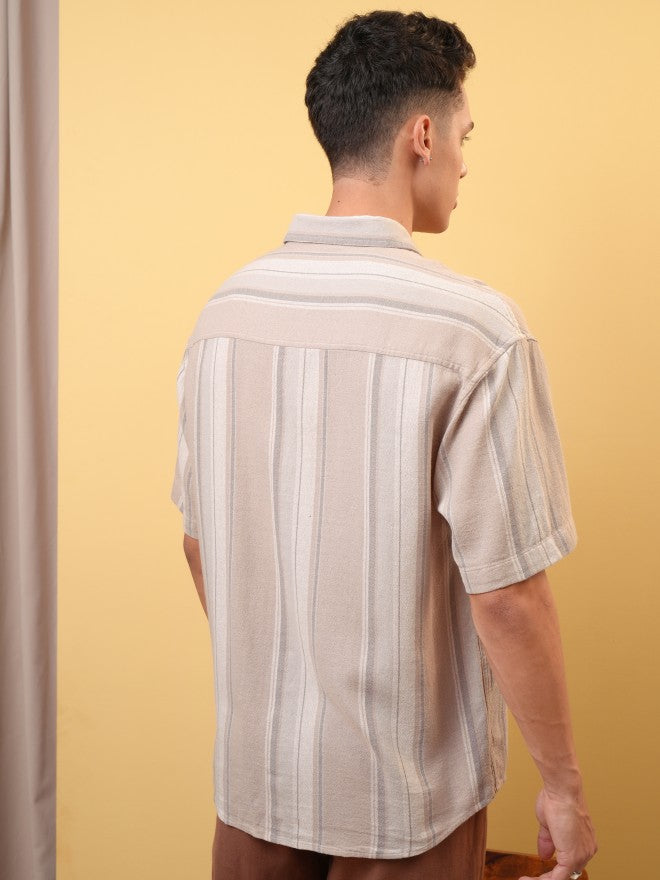 Locomotive Premium Men Dobby Textured Striped Oversized Shirt - Rust - Image 3