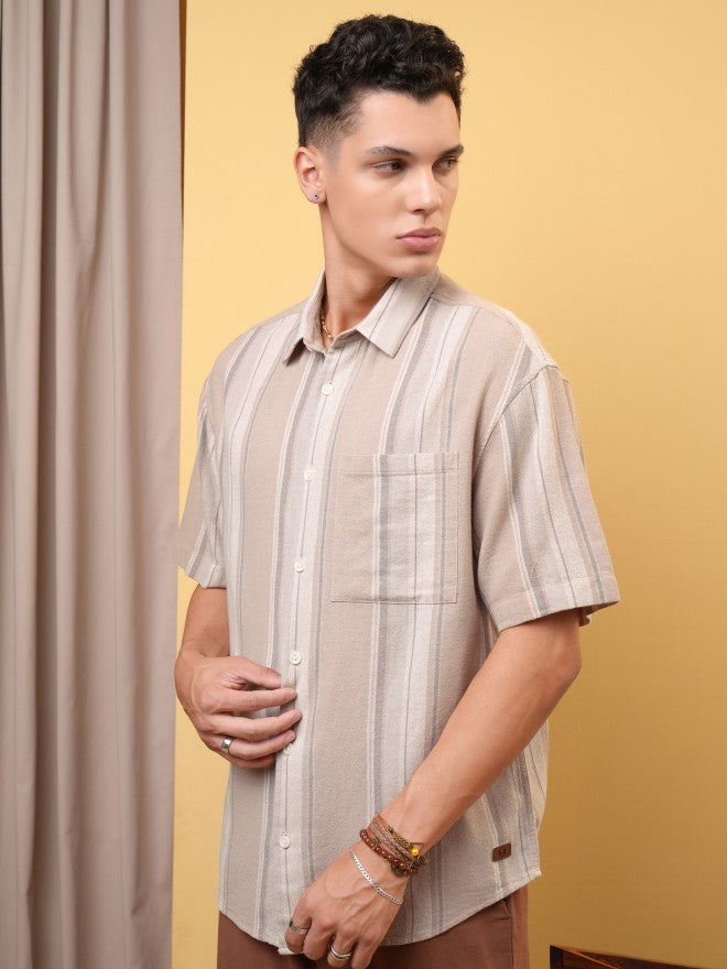 Locomotive Premium Men Dobby Textured Striped Oversized Shirt - Rust - Image 4