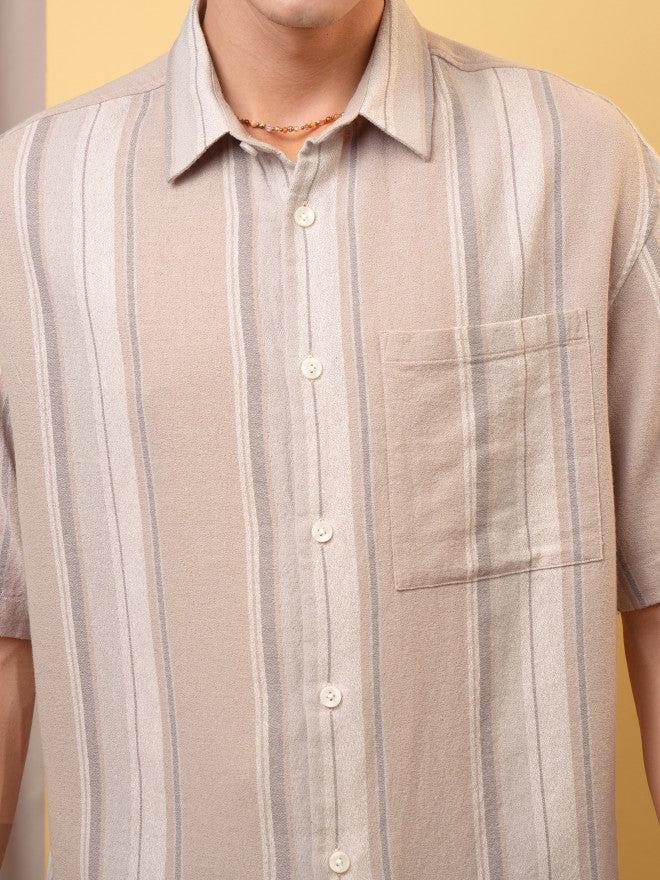 Locomotive Premium Men Dobby Textured Striped Oversized Shirt - Rust - Image 5