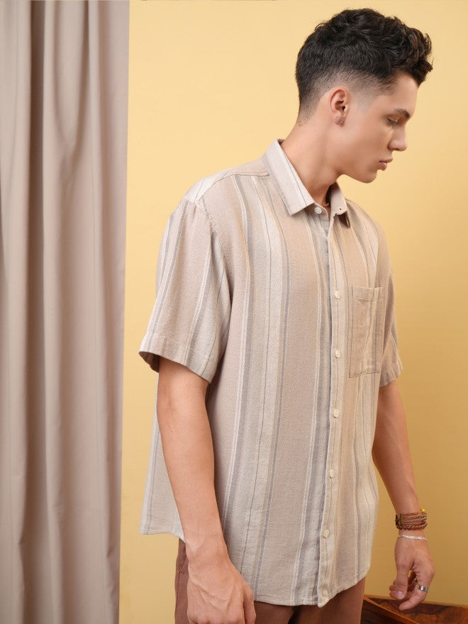 Locomotive Premium Men Dobby Textured Striped Oversized Shirt - Rust - Image 6