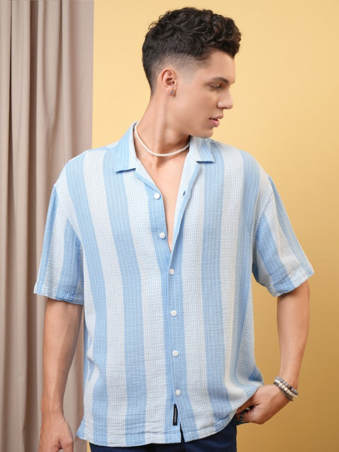 Locomotive Premium Men Dobby Textured Striped Cuban Collar Oversized Shirt - Blue - Image 1