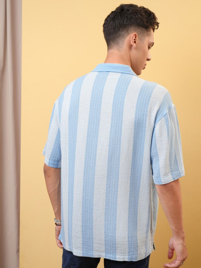 Locomotive Premium Men Dobby Textured Striped Cuban Collar Oversized Shirt - Blue - Image 3