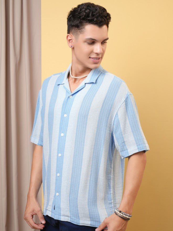 Locomotive Premium Men Dobby Textured Striped Cuban Collar Oversized Shirt - Blue - Image 4